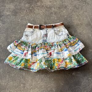 Vintage 80s Get Used by Elie Skirt Size 31 Blue Denim Hawaiian Cottage Waist 28